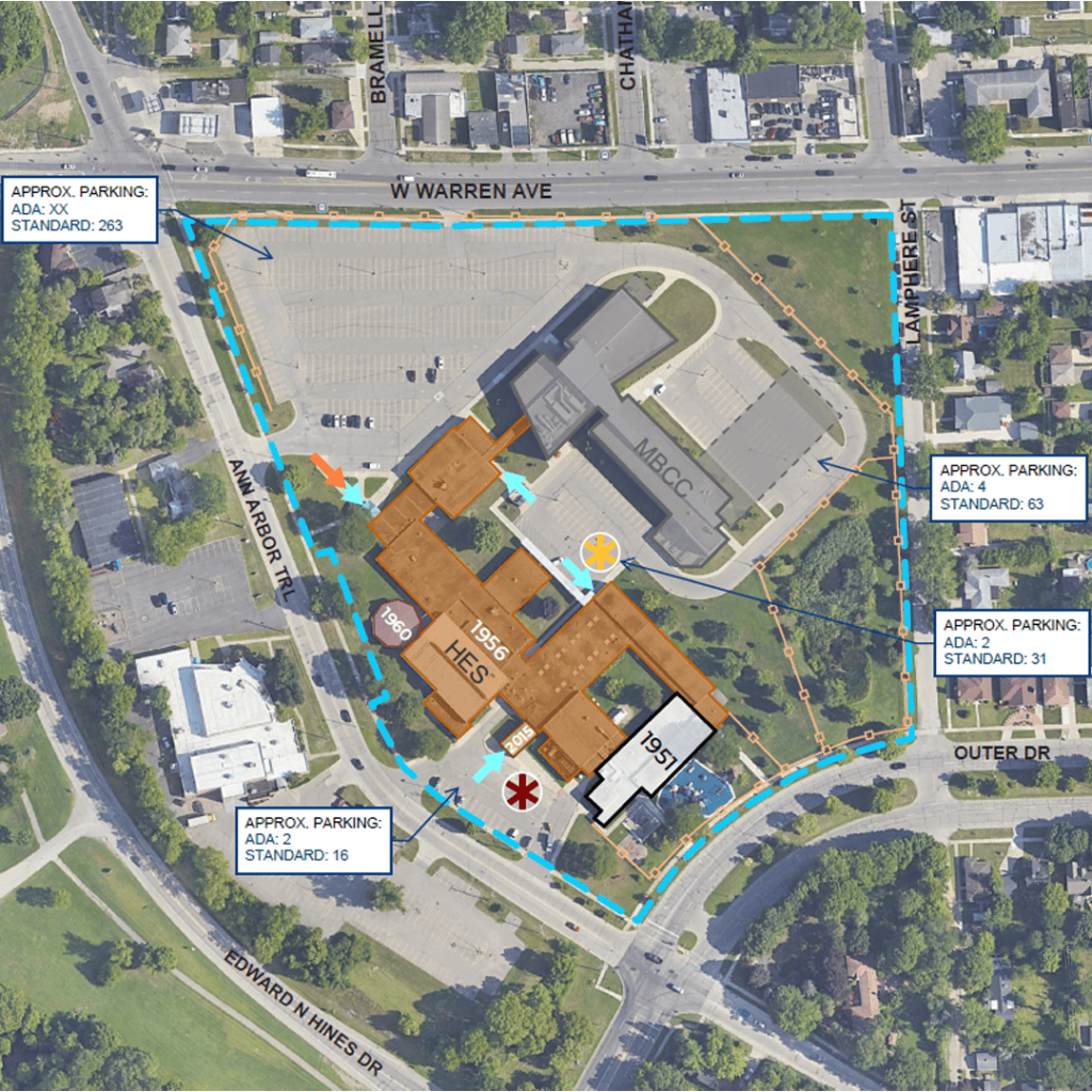 An illustration of the original section of the Dearborn Heights Campus, which includes Howe School, showing sections of the building were constructed in 1951, 1956 and 1960.