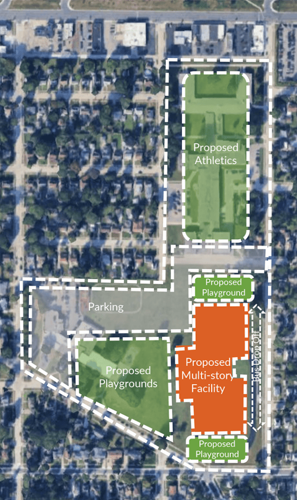 An illustration of where the new Nowlin Smith School would be built on the campus the two schools currently share.